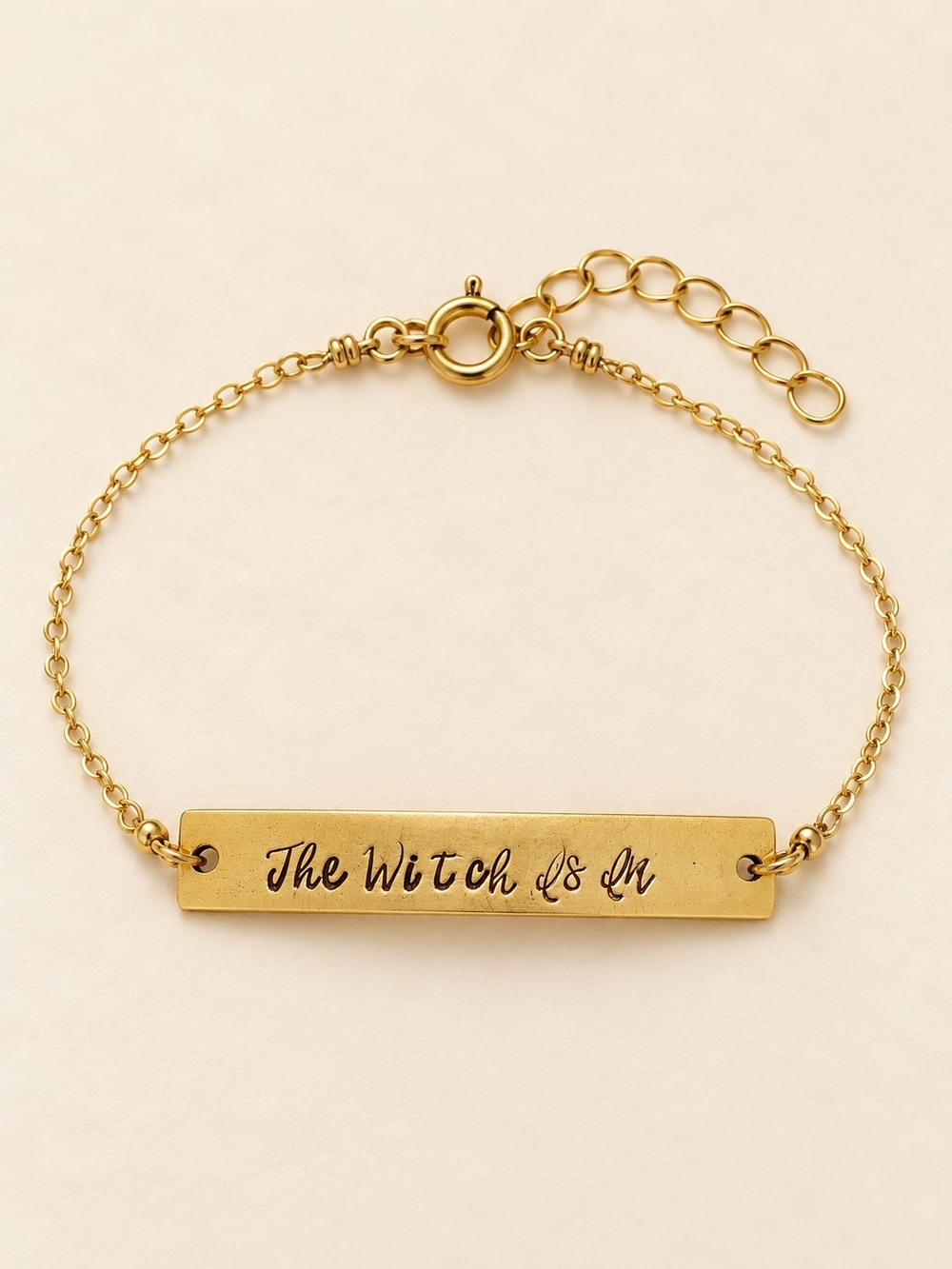 The Witch Is In Gold Tone Engraved Bar Bracelet